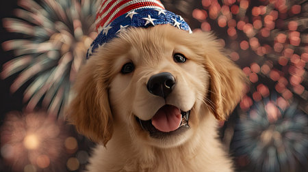 A cheerful golden retriever puppy wearing a patriotic hat smiles against a vibrant fireworks background, capturing the joy and celebration of special moments.の素材