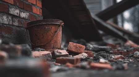 A rusty bucket sits amidst broken bricks and debris, illustrating urban decay and neglect. Captured in a low-angle view, this scene reflects forgotten remnants of construction.の素材