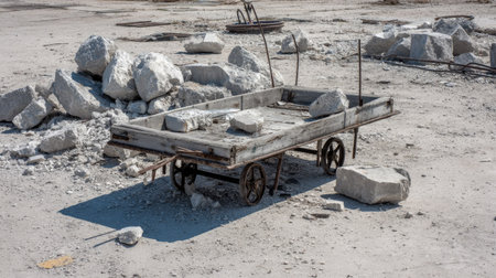 An abandoned cart rests on a construction site, surrounded by broken rocks and debris. This industrial scene captures the essence of forgotten tools and the harsh environment.の素材