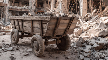 A wooden cart sits empty among rubble and debris in a dilapidated building, highlighting the remnants of a construction or demolition site with a atmospheric feel.の素材