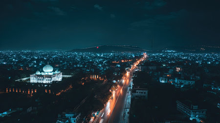 A stunning aerial view of a city at night, showcasing glowing buildings and flowing traffic against a twinkling skyline, perfect for capturing urban charm.の素材