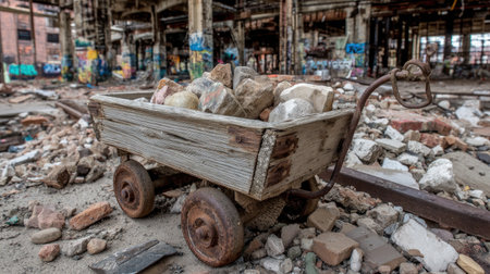 An abandoned wooden cart filled with rocks sits amidst debris in a decaying industrial site, showcasing the beauty of urban exploration and nature reclaiming space.の素材