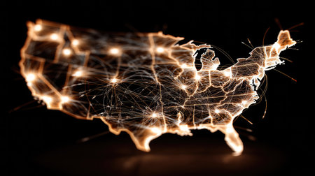 Abstract illustration of a illuminated map of the United States, showcasing network connections with bright lights. Represents innovation and technology.の素材