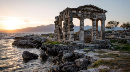 Captivating image of ancient ruins by the sea, bathed in warm sunset light. The stone structure stands proudly against crashing waves, embodying history and serenity.の素材