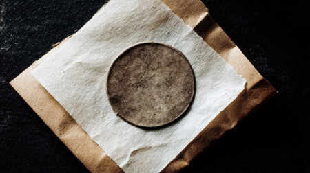 This image features a vintage circular object resting on textured white and brown paper, showcasing a simple yet elegant still life composition.の素材