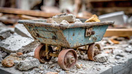 A weathered, rusty wheelbarrow filled with rocks sits amidst construction debris. This industrial scene captures the essence of renovation and hard labor.の素材