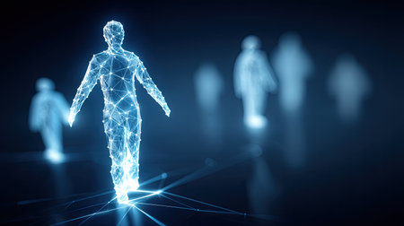 Futuristic digital human figures surrounded by a network of lights, symbolizing technology and connectivity in a modern world. Perfect for themes of innovation.の素材