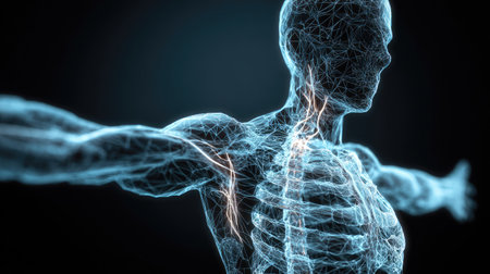 A futuristic depiction of the human anatomy in a wireframe style, showcasing the nervous system and muscular structure, ideal for educational and scientific purposes.の素材