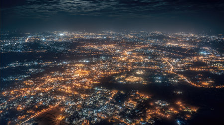 Stunning aerial shot showcasing a vibrant city illuminated at night. The intricate layout of lights contrasts with the dark sky, creating a captivating urban panorama.の素材