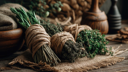 A visually appealing arrangement of fresh culinary herbs, including thyme and basil, bundled with natural twine, set on a rustic wooden table.の素材