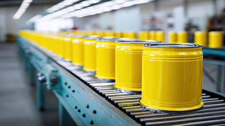 A series of vibrant yellow paint cans on a conveyor belt within a modern factory. This image showcases the industrial process of paint manufacturing and distribution.の素材