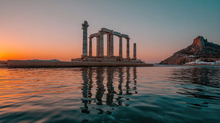 Stunning view of ancient temple ruins at sunset, reflecting on calm sea waters. The backdrop features majestic mountains, creating a serene landscape perfect for travelers.の素材