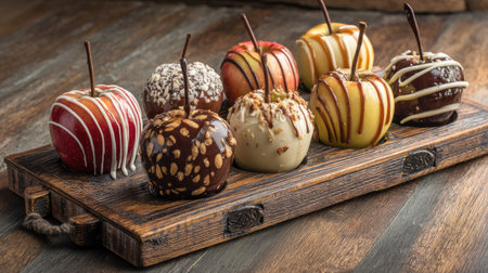 A captivating display of gourmet apples coated in chocolate and caramel on a rustic wooden tray. Perfect for dessert lovers and festive occasions.の素材