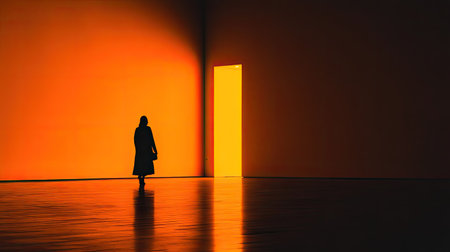 A solitary figure stands in a dimly lit room, approaching a glowing orange doorway. This scene encapsulates themes of mystery, exploration, and emotional journeys through light and shadow.の素材
