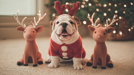 A cheerful bulldog in a festive red sweater with reindeer antlers sits between two plush reindeer toys, embodying the joy of the holiday season.の素材