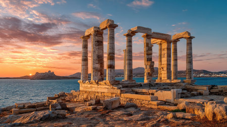 Breathtaking view of the ancient temple ruins in Naxos, Greece during sunset, showcasing stunning architecture with a tranquil seascape backdrop.の素材