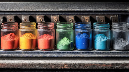 A vibrant arrangement of colorful jars filled with powder pigments sits on a vintage printing machine, showcasing artistic materials for creative projects.の素材