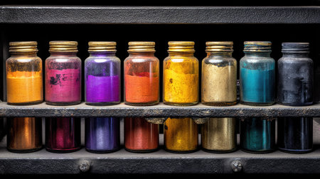 A captivating arrangement of glass jars filled with vibrant powders showcases a rainbow of colors. Perfect for art, design, or craft themes.の素材