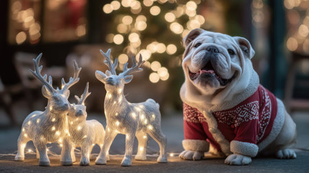 A joyful bulldog dressed in a cozy Christmas sweater sits beside illuminated reindeer decorations in a festive outdoor setting, radiating holiday cheer.の素材