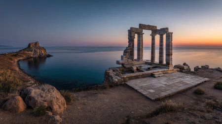 A stunning view of ancient temple ruins overlooking the tranquil sea at sunset. The beautiful landscape captures a serene atmosphere and rich history.の素材