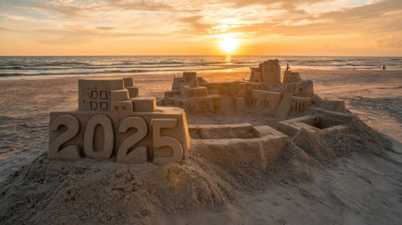 A beautifully crafted sandcastle showcasing the year 2025, illuminated by a stunning sunset on the beach. This artistic scene captures relaxation and creativity by the ocean.の素材