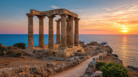 Beautiful ancient ruins stand majestically by the sea as a vibrant sunset paints the sky. This serene landscape captures the essence of historical charm and natural beauty.の素材