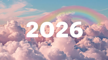 A vibrant and dreamy image showcasing fluffy clouds under a colorful rainbow, symbolizing optimism and beauty of the year 2026 in a serene sky atmosphere.の素材