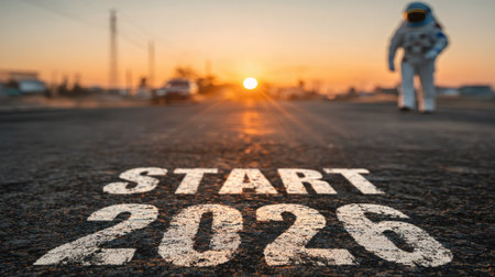 An astronaut stands on a road at sunset, with "START 2026" painted on the asphalt, symbolizing new beginnings and exploration towards the future.の素材