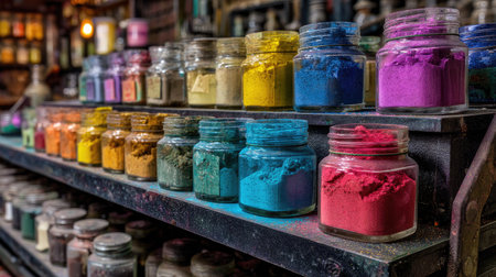 A captivating display of glass jars filled with vibrant powdered pigments organized on a wooden shelf, ideal for artistic inspiration and creative projects.の素材