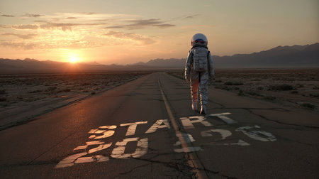 An astronaut figure walks along a deserted road at sunset, symbolizing new beginnings and exploration in an expansive landscape, inviting adventure and reflection.の素材