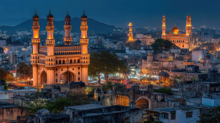 Stunning evening view of Hyderabad's historic architecture, showcasing illuminated landmarks beneath a twilight sky. A must-see for culture enthusiasts.の素材
