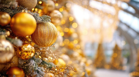 Glimmering golden ornaments decorate a Christmas tree, with a soft bokeh effect enhancing the festive atmosphere. Capture the magic of the holiday season.の素材