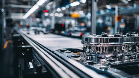 A close-up view of a modern manufacturing line highlighting shiny metal components in an industrial setting, showcasing innovation and efficiency in production processes.の素材
