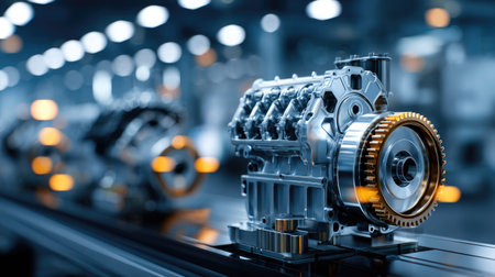 Explore a close-up view of a high-tech engine component showcasing precision engineering and innovative design within a modern factory environment.の素材