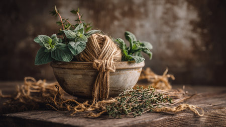 This image captures a rustic bowl filled with fresh herbs like thyme and mint, artistically arranged with twine. The warm, earthy tones create a cozy and inviting kitchen atmosphere.の素材