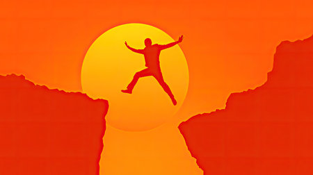 A vibrant silhouette of a man jumping over a canyon against a stunning sunset backdrop. This striking image symbolizes freedom and adventure.の素材