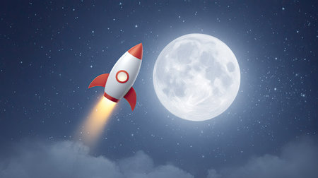 A vibrant illustration of a rocket soaring towards a glowing moon in a starry night sky. This visual captures the essence of exploration and adventure in space.の素材