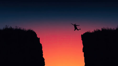 A silhouetted figure leaps across a wide canyon at sunset, capturing the essence of adventure and freedom. The vibrant colors of dusk create a stunning backdrop for an exhilarating moment.の素材