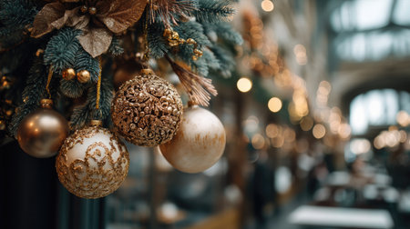 Stunning close-up of decorative Christmas ornaments featuring intricate designs. The soft bokeh background enhances the festive atmosphere of the holiday season.の素材