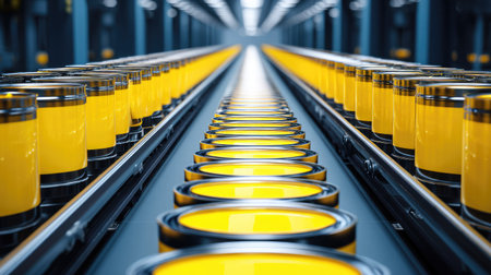 A vibrant image of yellow paint cans lined up on a production line in a modern factory setting, showcasing the efficiency and design of industrial manufacturing processes.の素材