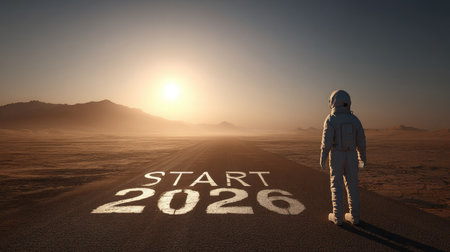 An astronaut stands on a deserted road under the rising sun, marking the beginning of 2026. This image symbolizes exploration, adventure, and the hope for future journeys.の素材