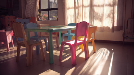 A brightly lit room featuring a colorful table surrounded by plastic chairs. The sunlight creates playful shadows, enhancing the cheerful atmosphere for children's activities.の素材