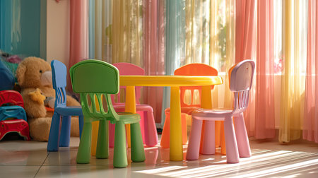A vibrant playroom features a sunny setup of colorful plastic chairs and a playful table. The space is perfect for children's activities, with soft toys and natural light enhancing the cheerful atmosphere.の素材