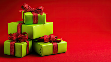 A visually striking arrangement of green gifts adorned with vibrant red ribbons, set against a bright red backdrop, perfect for holiday and celebration themes.の素材