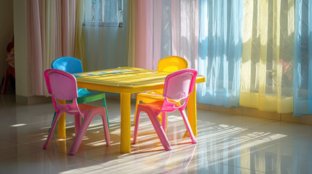 A vibrant and playful setting featuring a colorful table and four chairs designed for children. Perfect for creative activities and joyful gatherings.の素材