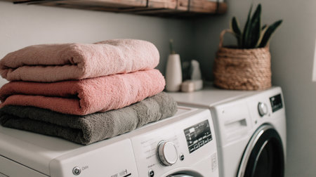 A cozy laundry room scene featuring freshly folded soft towels on a washing machine, enhancing the warm and neat decor with natural elements and organization.の素材