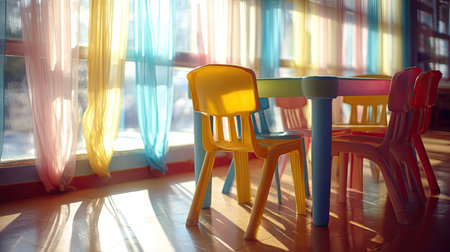 A vibrant playroom featuring colorful chairs and soft light streaming through sheer curtains, creating a warm, inviting space for children to play and learn.の素材