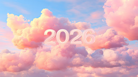 A stunning view of soft pink clouds surrounding the year 2026 in a dreamy sky. This serene background evokes feelings of calmness and tranquility, perfect for creative projects.の素材