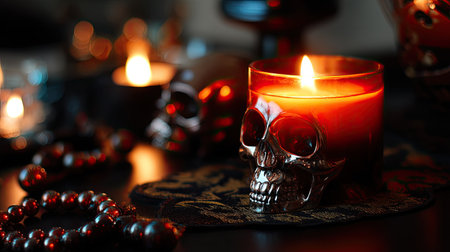A captivating image featuring a glowing candle placed in a skull-shaped holder, creating an eerie yet elegant atmosphere perfect for dark dの素材