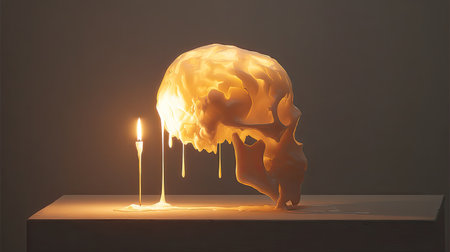 An intriguing wax sculpture depicting a human skull, illuminated by a flickering candle, showcasing artistic creativity and a unique play of light and shadow.の素材